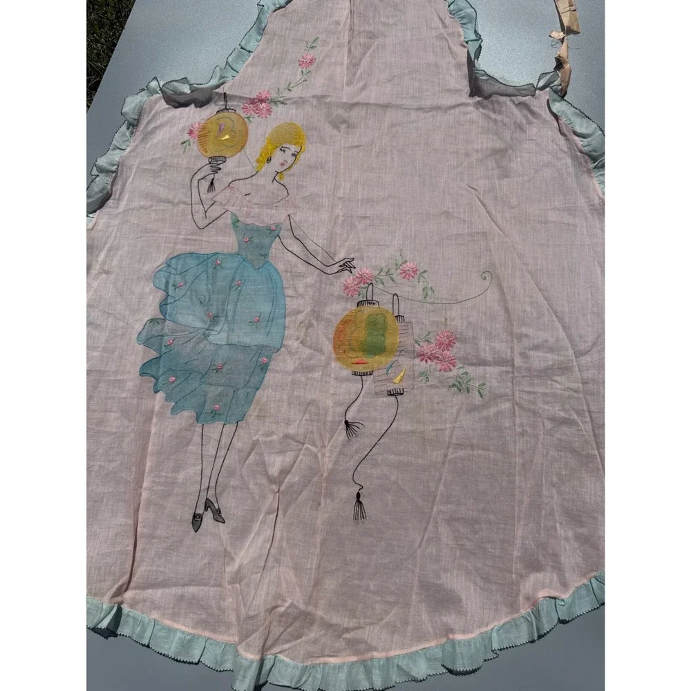 Vintage 1920s Art Deco Tea Apron Hand Painted Flapper Girl Chinoiserie Pink Blue